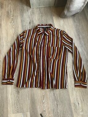 Forever 21 Striped Button Up Shirt Burgundy Mustard Long Sleeve Blouse Medium